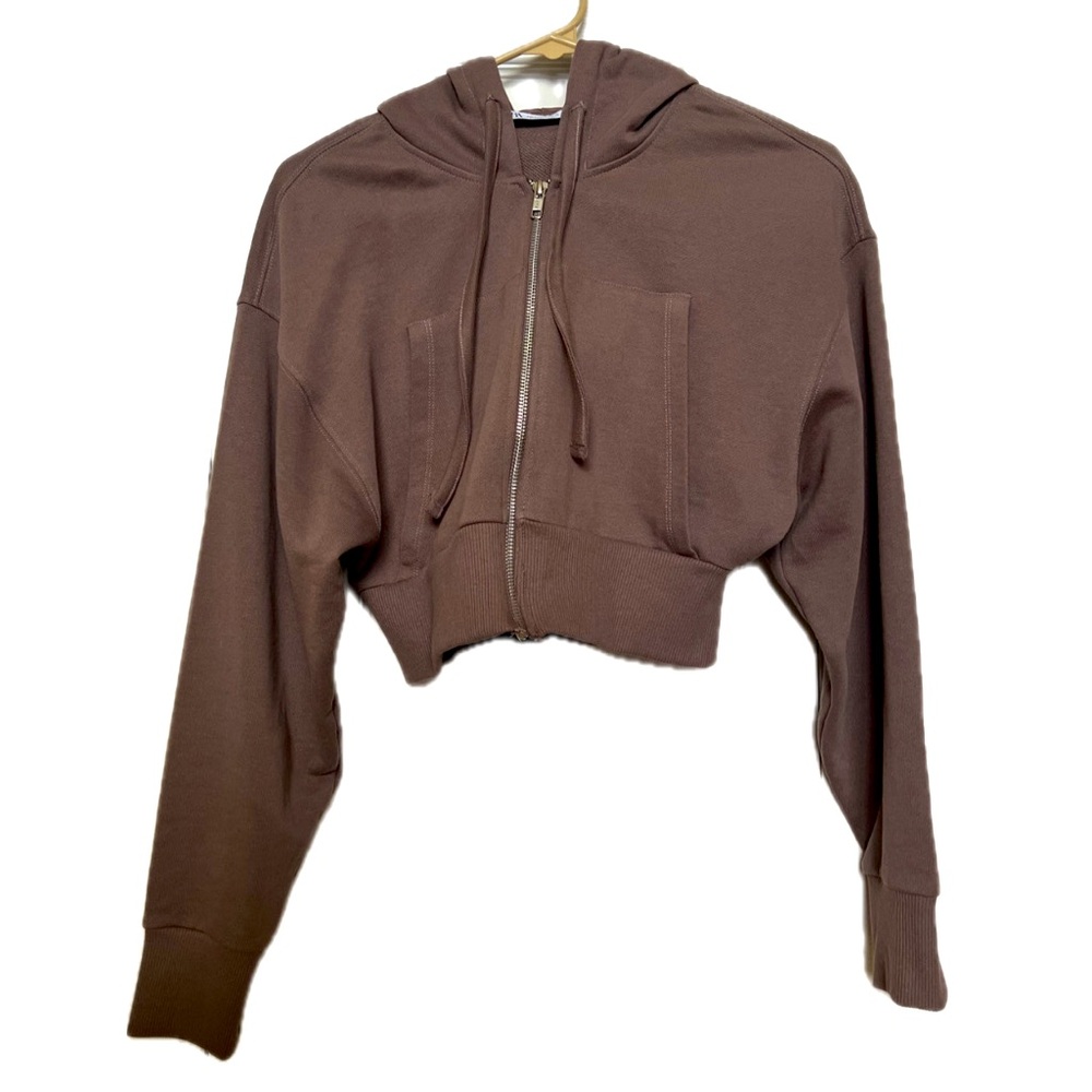 Zara Brown Zip-Up Cropped Hoodie – Size S